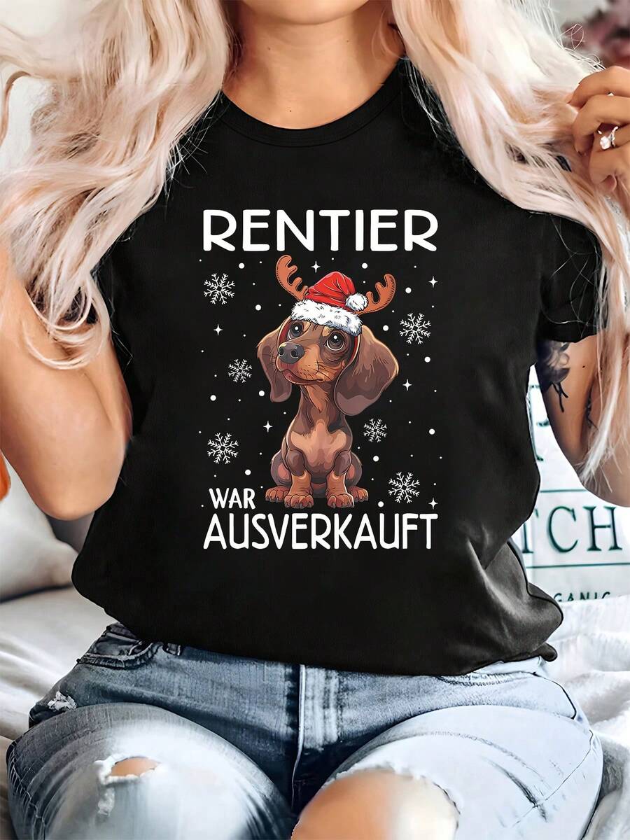 Plus Size - RENTIER Is Sold Out. Christmas Dog Print, Christmas Dog Print Is Sold Out. Plus Size Letter Print T-Shirt, Casual Short Sleeve Crew Neck Top For Women, Women's T-Shirt, Summer And Spring, Cute, Fun, Plus Size Women's Clothing - 黑色 - 查看 1