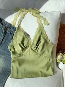 Top halter sin espalda con parches de lunares y encaje para mujer - Verde - Ver 4
