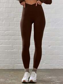 Sport Leggings ajustados de cintura contorneada y cruzada para actividades, pádel, tenis, pickleball, gimnasio, fitness, pilates y uso casual diario - Marrón Chocolate - Ver 2
