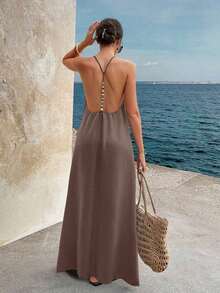 Vestido largo elegante de mujer con tirantes finos, espalda descubierta y lentejuelas, adecuado para fiestas, bodas, playa y vacaciones, color negro, para verano - Cafetería - Ver 4