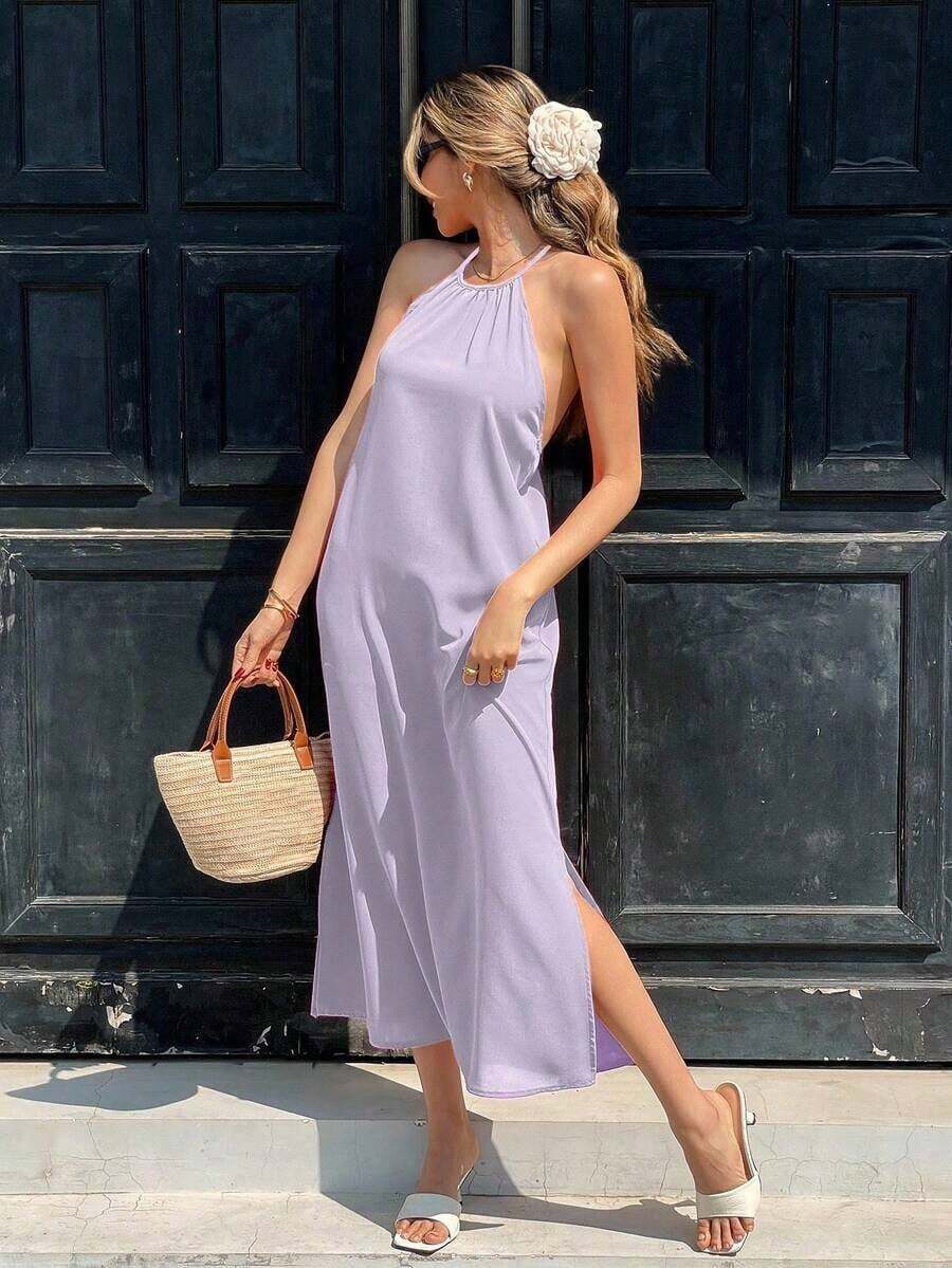 Vestido casual de vacaciones con cuello halter, envolvente y lazo en la espalda - Morado - Ver 1