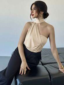 Body asimétrico con cuello de volantes en color marrón moca para mujer, body de moda para primavera, verano, otoño e invierno, adecuado para ir al trabajo, elegante, sexy, vacaciones, playa, estilo bohemio, Hawái, festivales de música, fiestas, tr - Caqui - Ver 6
