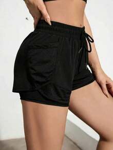 Pantalones cortos de yoga 2 en 1 para mujeres, hechos de tela de secado rápido con bolsillos de malla - Adecuados para fitness casual, entrenamientos en el gimnasio - Ideal para el verano - Diseñado específicamente para mujeres - Perfecto para un estilo de vida activo - Negro - Ver 4
