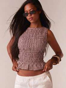 Blusa casual de mujer con volantes y estampado de cuadros - Multicolor - Ver 3