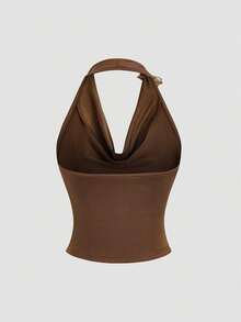 Top sin mangas con cuello de volantes inspirado en el estilo vintage, diseño de cintura fruncida, top de verano de moda para mujeres - Marrón - Ver 2