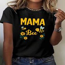 1 Piece, Classic And Versatile Pure Cotton Short-Sleeved T-Shirt, Suitable For Any Season, With Adorable Bee And Flower Design For Women, Modern Style - 黑色 - 查看 2