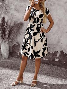 Vestido corto con cuello redondo y manga corta de estampado geométrico, casual para mujer, adecuado para primavera/verano - Multicolor - Ver 4