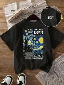 Women's Casual T-Shirt With A Print Paying Tribute To Van Gogh's "The Starry Night" Painting And The Numerical Graphic 1853, Comfortable Short-Sleeved And Round Neck For Spring/Summer, Fashionable Graphic T-Shirt For Holidays In White - 黑色 - 查看 3