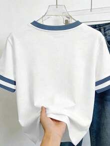 Women's Casual Short-Sleeve Crew Neck T-Shirt In Light Blue With A Heart Print That Says "One At A Time" - Made Of Soft Polyester, Machine Washable, A Spring/Summer Fashion Essential, Everyday T-Shirt | Crew Neck T-Shirt | Polyester Fabric - 白色 3 - 查看 2