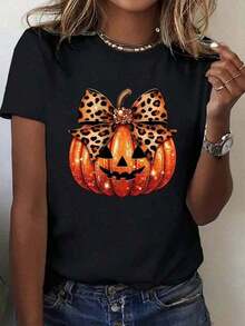 Halloween Pumpkin Graphic Print Cotton T-Shirts, Fashionable Men's T-Shirts, Casual Short Sleeves For Everyday Wear, 220g2025, Loose And Comfortable - 黑色 - 查看 1