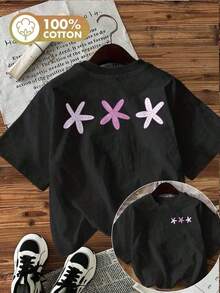 [Double-Sided Print] Fashionable Women's Top For Spring And Summer, With A Fresh Style Featuring Starfish And Polka Dots, Pink Printed Short-Sleeve Crew Neck T-Shirt [Chu K] - 黑色 - 查看 1