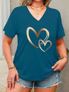 Women's Plus Size V-Neck Graphic T-Shirt With Heart Design - 藍色的 - 查看 4