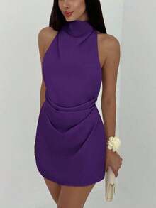 Vestido mini plisado con espalda descubierta y atar para mujer, de estilo minimalista - Morado - Ver 5