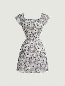Vestido mini floral de verano para mujer - Blanco y Negro - Ver 3