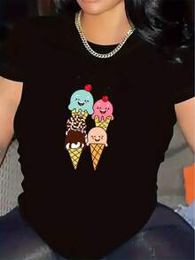 Camiseta de poliéster con estampado de helado de diseño sencillo, la primera opción para ropa casual de restaurante, colores brillantes, ligera y duradera, de manga corta, cómoda y elegante para el uso diario. Elegante y práctica para el verano. - Negro - Ver 12