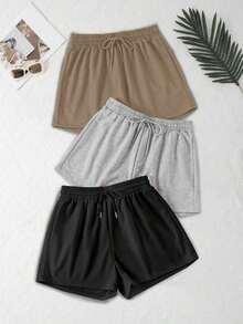 3 piezas Pantalones cortos deportivos casuales de cintura elástica y cordón de unicolor - Gris Claro - Ver 3