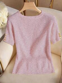 Elegante camiseta de punto de cuello redondo, top de punto minimalista de moda, primavera/verano - Rosa - Ver 2