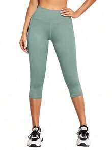 Mallas deportivas de cintura ancha con bolsillo para teléfono, pantalones de yoga para mujer - Verde - Ver 3