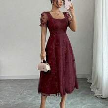 Women's Floral Embroidered Mesh Petal Sleeve Elegant Dress - Burdeos - Ver 2