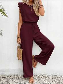 Conjunto de 2 piezas de blusa con ribete de encaje de unicolor y pantalones de pierna ancha para mujer, casual para vacaciones y viajes, primavera/verano - Burdeos - Ver 5