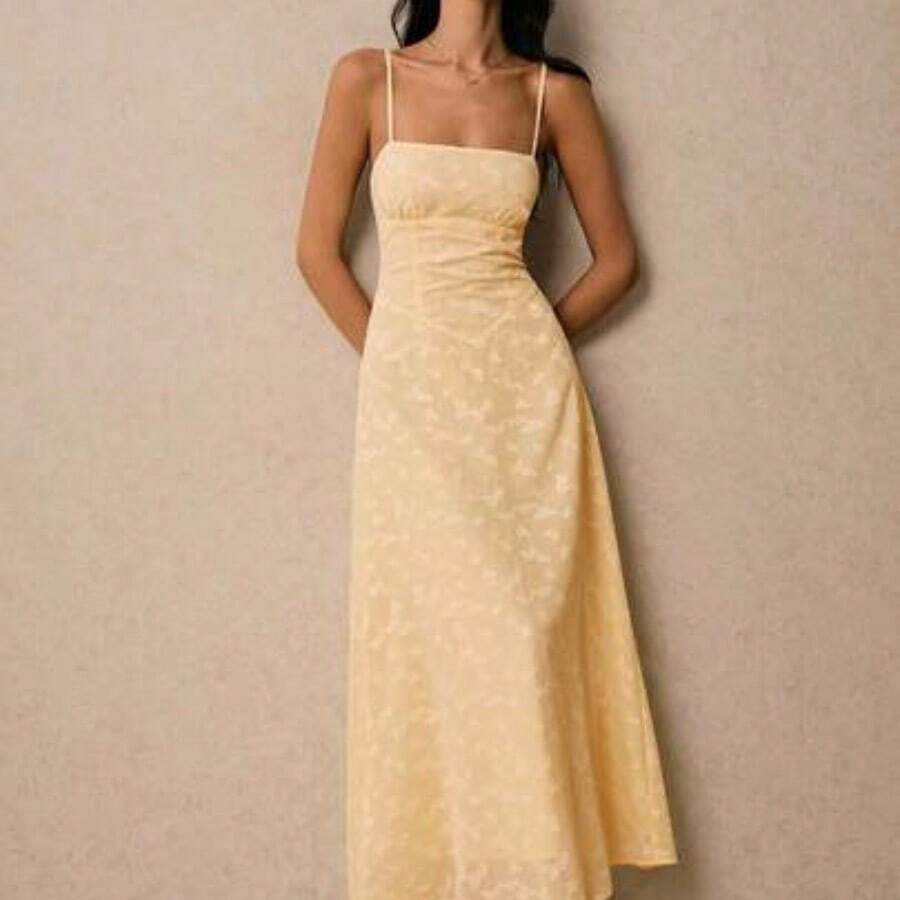 Women's Summer Jacquard Design Waisted Elegant Slip Midi Dress - Amarillo - Ver 1