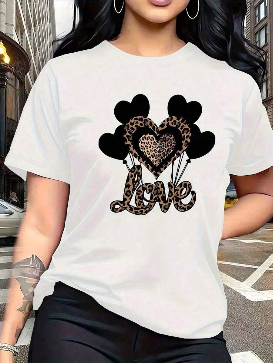 Nueva Camiseta Casual de Algodón Puro para Mujer 2026, que combina lo salvaje y lo suave, con estampado de globos en forma de corazón en negro y estampado de leopardo, y un cuello redondo moderno y sencillo. Es una camiseta de manga corta informal y versátil, adecuada para el ocio, viajes, vacaciones y otras actividades.13419 Conjunto de Verano Versátil de Moda Diaria con Estampado Deportivo de Manga Corta para Mujer, Camiseta de Mujer - Blanco - Ver 1