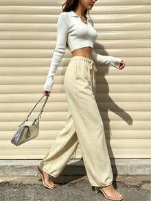 Pantalones holgados con cordón, tipo farol, de color albaricoque, pantalones largos casuales de tejido no elástico para mujer - Albaricoque - Ver 1