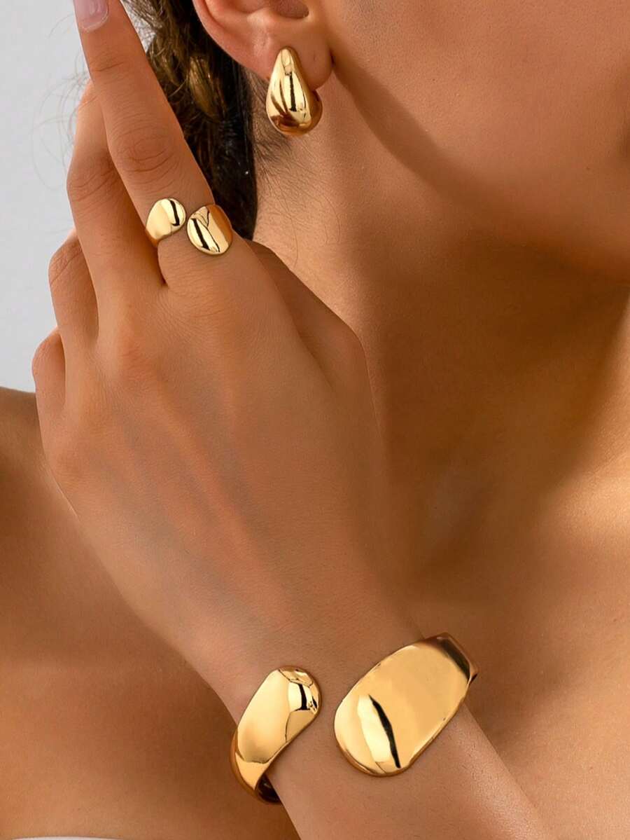 女士首饰套装，简约休闲弧形光滑几何水滴戒指、手链、耳环套装，可调节首饰礼品，适合日常佩戴和送礼 - 金黃色 - 查看 1