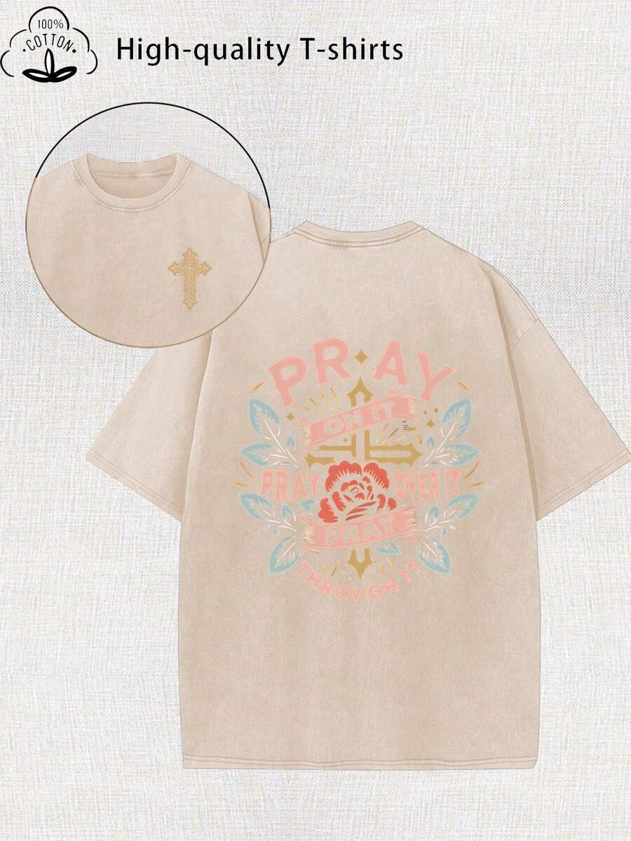 Camiseta de Mujer estampado moderno lavado vintage algodón grueso 220g estilo urbano vintage cuello redondo manga corta lavable a máquina ropa casual primavera verano corte holgado único blusas para mujer camiseta de mujer nacional envio - Albaricoque - Ver 1