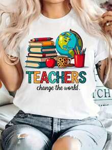 Women's Casual T-Shirt With Graphic Print "Teachers Change The World", Crew Neck, Short Sleeve, Comfortable Knit Fabric, Lightweight For All Seasons, Everyday Wear T-Shirt, Vibrant Print, Comfortable Fit - 白色 - 查看 1
