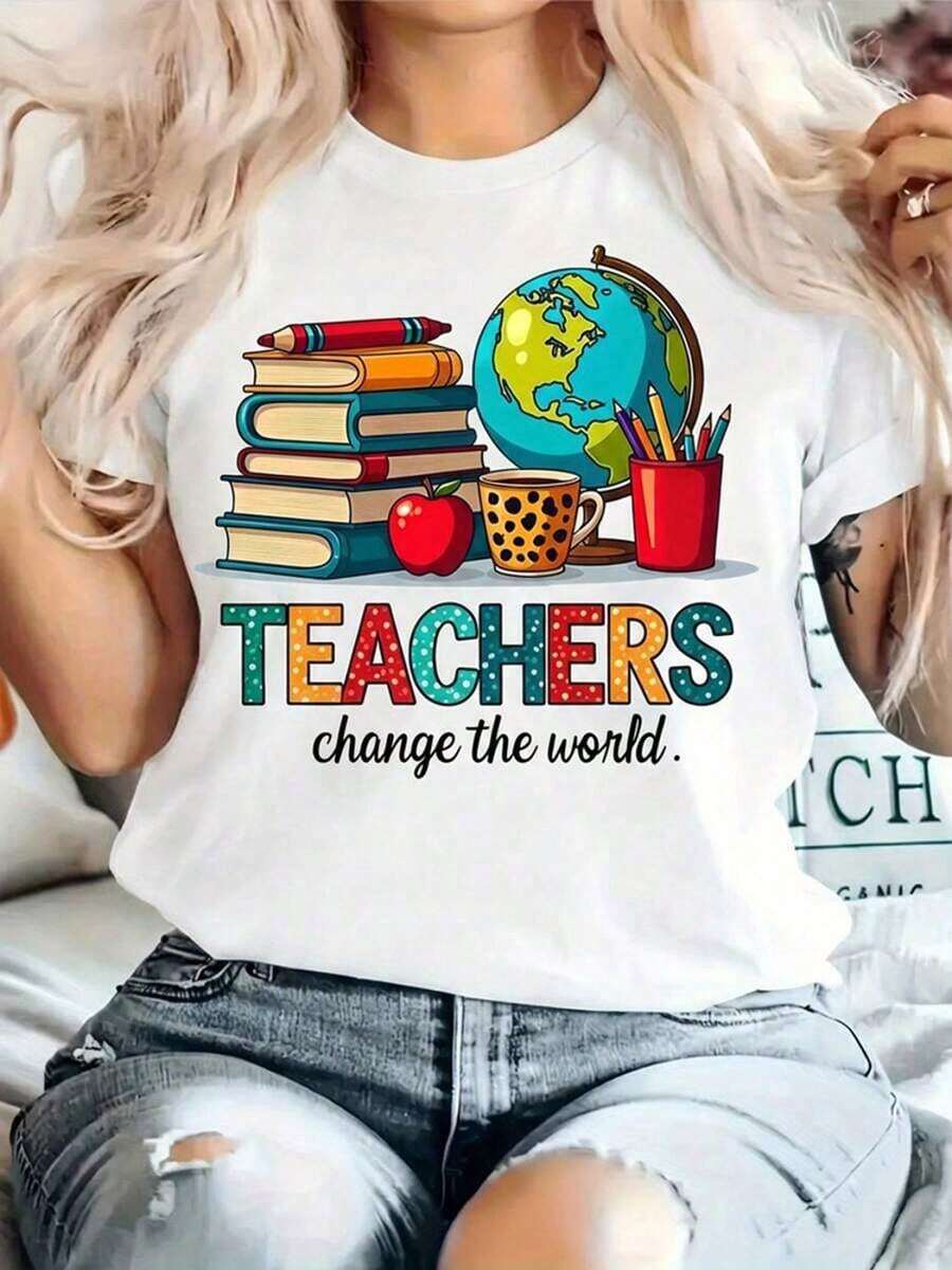 Women's Casual T-Shirt With Graphic Print "Teachers Change The World", Crew Neck, Short Sleeve, Comfortable Knit Fabric, Lightweight For All Seasons, Everyday Wear T-Shirt, Vibrant Print, Comfortable Fit - 白色 - 查看 1