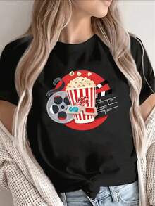 This Lightweight And Durable Short-Sleeved T-Shirt With A Popcorn Design Is Perfect For Lounging At Home Or Going To The Movies, Making It An Ideal Choice For Movie Nights And Relaxing Moments. Suitable For Everyday Wear. - 黑色 - 查看 7