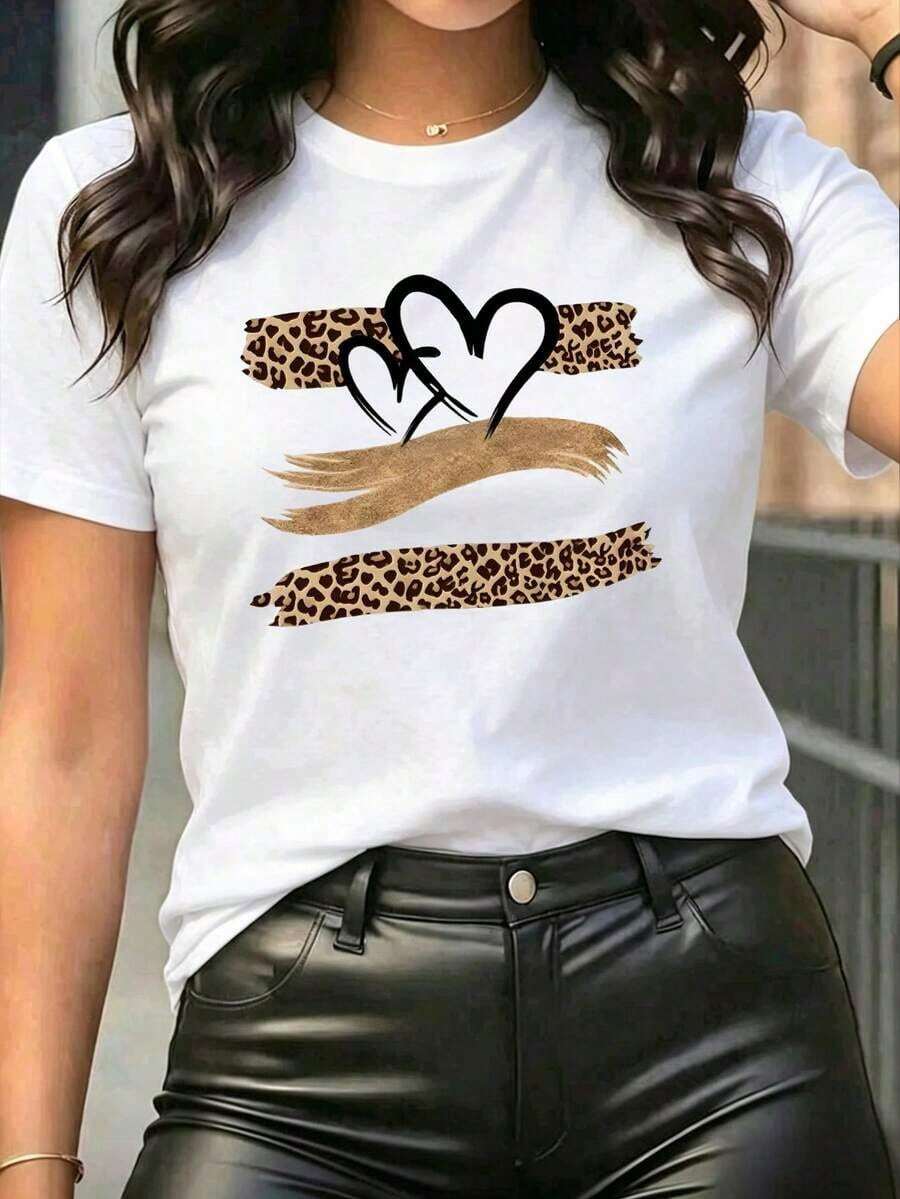 Camiseta Oversize Talla Grande Mujer con Estampado de Corazones y Leopardo - Ropa Casual Chic para Mujeres - Blanco - Ver 1