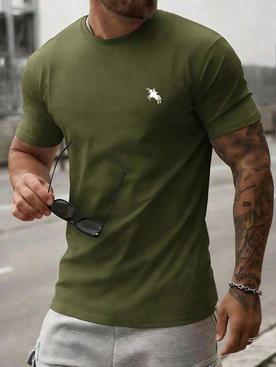 Minimalist Short-Sleeved T-Shirt With Print, Versatile And Casual For Everyday Wear, Spring/Summer - 軍綠色 - 查看 1