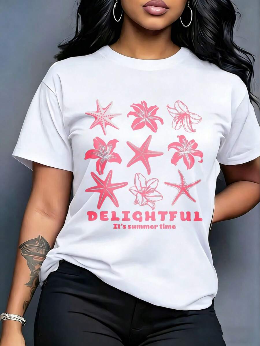 Camiseta de cuello redondo para mujer, estampado de estrellas de mar y lirios rosas degradadas, con texto "DELIGHTFUL It's summer time", top de verano fresco - Blanco - Ver 1