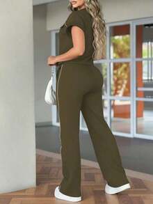Conjunto de 2 piezas de mujer con top de cuello redondo de unicolor minimalista de manga corta y pantalones rectos de cintura alta, elegante para primavera/verano - verde militar 40 - Ver 4