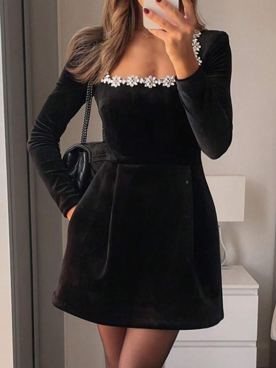 Vestido corto terciopelo primavera mujer cuello cuadrado con brillos elegante y moderno - Negro - Ver 1