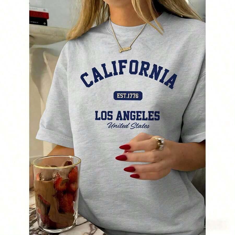 Women's Vintage Graphic T-Shirt With California Los Angeles Design - Casual Crew Neck, Short Sleeve, Cotton, Machine Washable, EST 1776 Print2025 - 灰色 - 查看 1