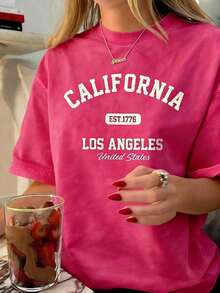 Women's Vintage Graphic T-Shirt With California Los Angeles Design - Casual Crew Neck, Short Sleeve, Cotton, Machine Washable, EST 1776 Print2025 - 玫紅色 - 查看 5