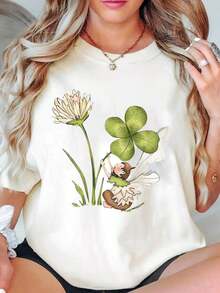 Camiseta moderna minimalista con estampado de hadas y flores de trébol para uso casual, informal y diario. - Blanco - Ver 7