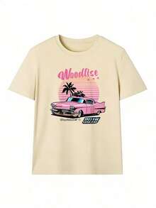 Pink Classic Car And Sunset Palm Tree T-Shirt, Fashionable Short-Sleeved T-Shirt For Spring And Summer 2026, Made In Mexico, 180 Grams. Cartoon Print, Couple Design, Suitable For Indoor Or Outdoor Wear. Crew Neck, Unisex, Ideal For Office And Leisure. One-Pack. - APR-P631577SLNDXZGY502 - 查看 2