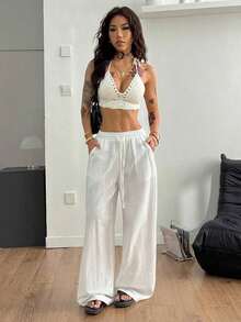 Women's 100% Cotton Washed White Trousers With A Curved Hem, Minimalist Basic Style, Perfect For Summer Country Concerts, Going Out, The Beach, And Bohemian Vacations. Women's Clothing For Autumn. - 白色的 - 查看 3