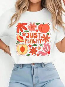 1 Pieza Camiseta Casual de Moda para Hombres y Mujeres 100% Algodón con Estampado "Peach Lover Summer Vibes Farmers Market Just A Peachy", Cuello Redondo, Manga Corta, Cómoda, para Primavera y Verano, Ropa de Mujer Versátil, fácil de combinar, para uso diario, estilo urbano, ropa de vacaciones, ropa de fin de semana. - Blanco - Ver 1