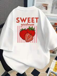 180g Cotton Short Sleeve T-Shirt - Short Sleeve T-Shirt With Front And Back Print - Strawberry, Sweet - Fashionable Printed T-Shirt For Women, Spring/Summer, Fashion Item, Versatile Casual Wear - Unisex. - 白色 - 查看 2