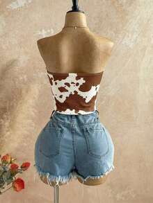 Top corto de suede sexy con lazo, remaches y diseño deconstructivo, adecuado para vacaciones, citas, té de la tarde, vacaciones, festivales de música, estilo bohemio, cruceros, playa, verano - Marrón - Ver 2