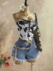 Top corto de suede sexy con lazo, remaches y diseño deconstructivo, adecuado para vacaciones, citas, té de la tarde, vacaciones, festivales de música, estilo bohemio, cruceros, playa, verano - Multicolor 3 - Ver 4