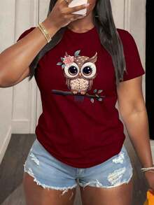 Comfortable Mother's Day T-Shirt, Women's T-Shirt With Owl And Pretty Flower Print For Leisure And Summer, Loose Versatile Short Sleeve T-Shirt For Women - 白色的 - 查看 4