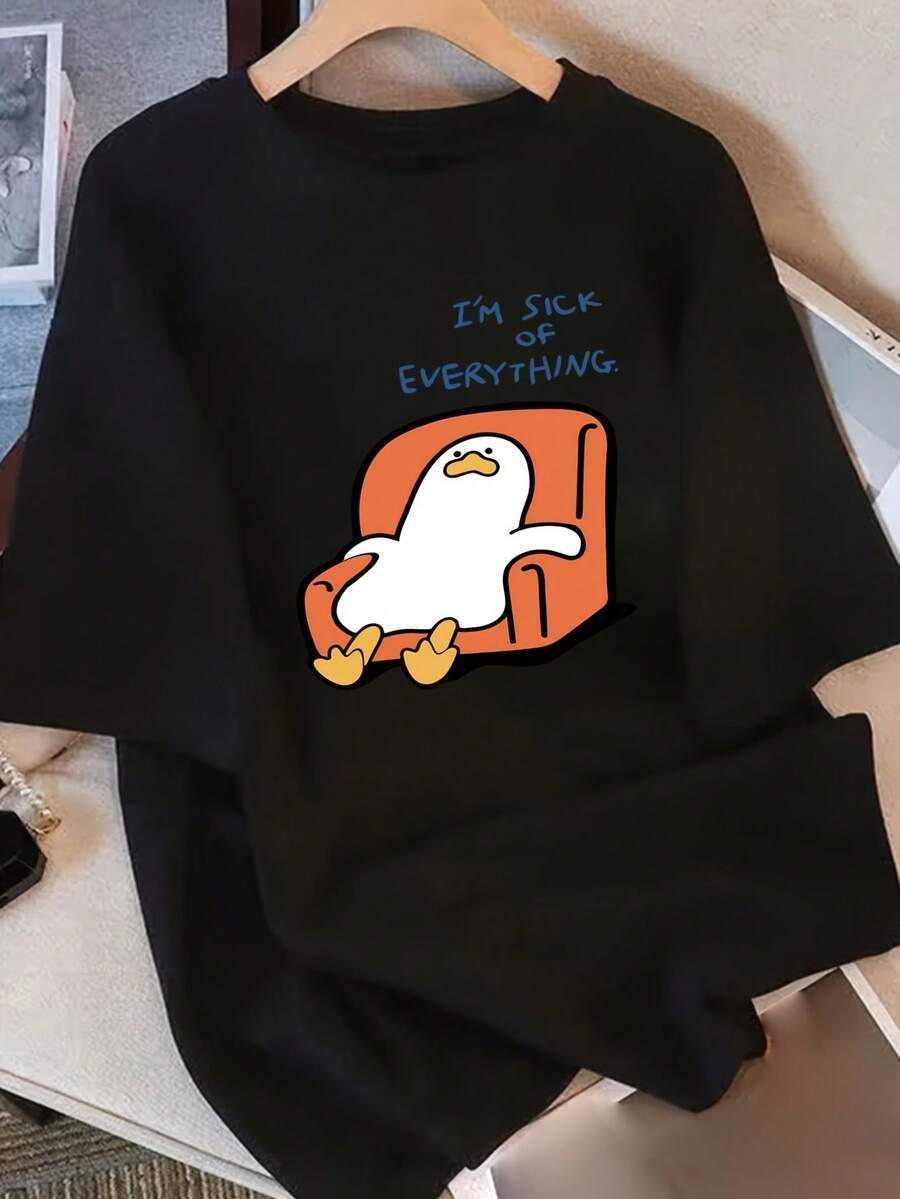 Camiseta de Algodón Puro para Mujer, Manga Corta, Diseño Único, Estampada, Nuevo Estilo Verano 2025, Corte Holgado, Manga a la Mitad, Corte Ajustado, Top para Estudiantes - Negro - Ver 1