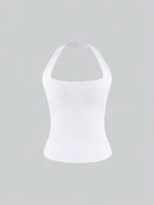 Camiseta sin espalda sexy, top de verano con cuello cuadrado elástico, ajuste casual y elegante, color amarillo para vacaciones - Blanco - Ver 6