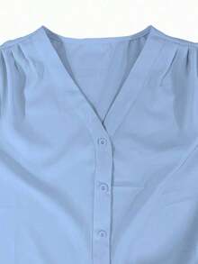 Blusa de manga larga de moda para mujer, diseño de cuello en V de unicolor, esencial para el trayecto en primavera, color negro - Azul - Ver 4